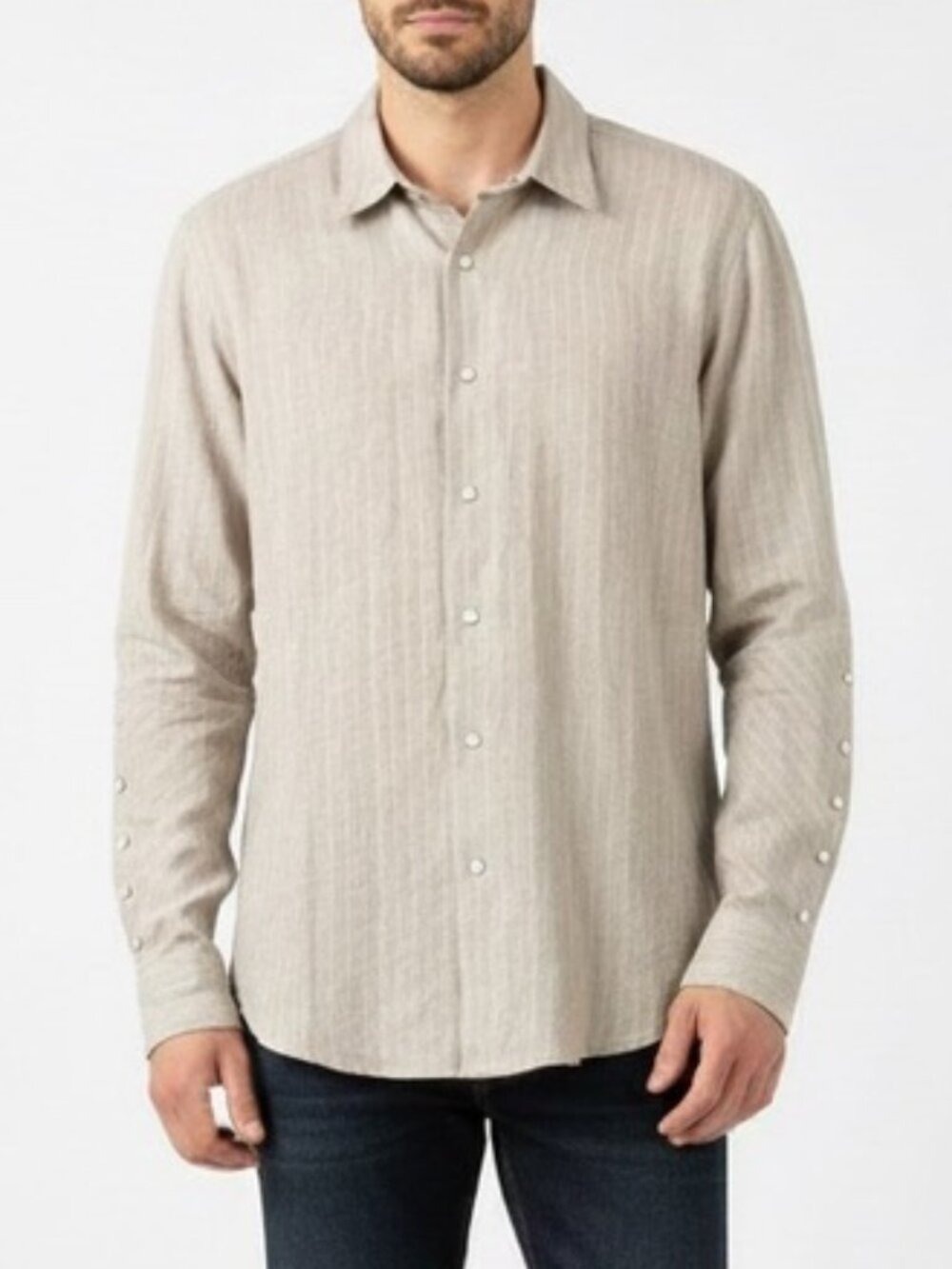 NWOT HERMAN Market Homme Natural Linen Pinstriped Snap Button Up Shirt Size M
